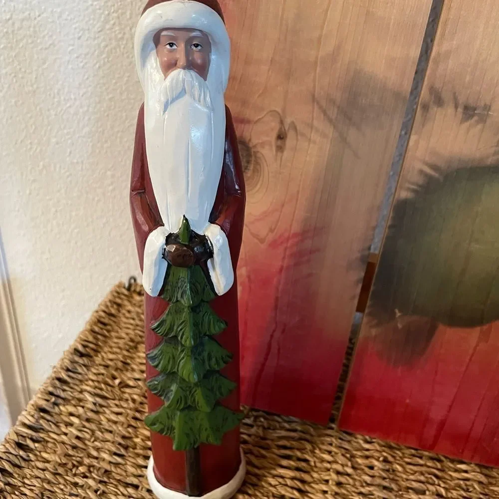 Large Hanging Santa Print on Wooden Boards & Carved Santa with 6 Glitter Picks